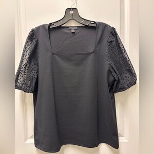 Ann Taylor Black Blouse with Sheer Polka Dot Sleeves. Size large